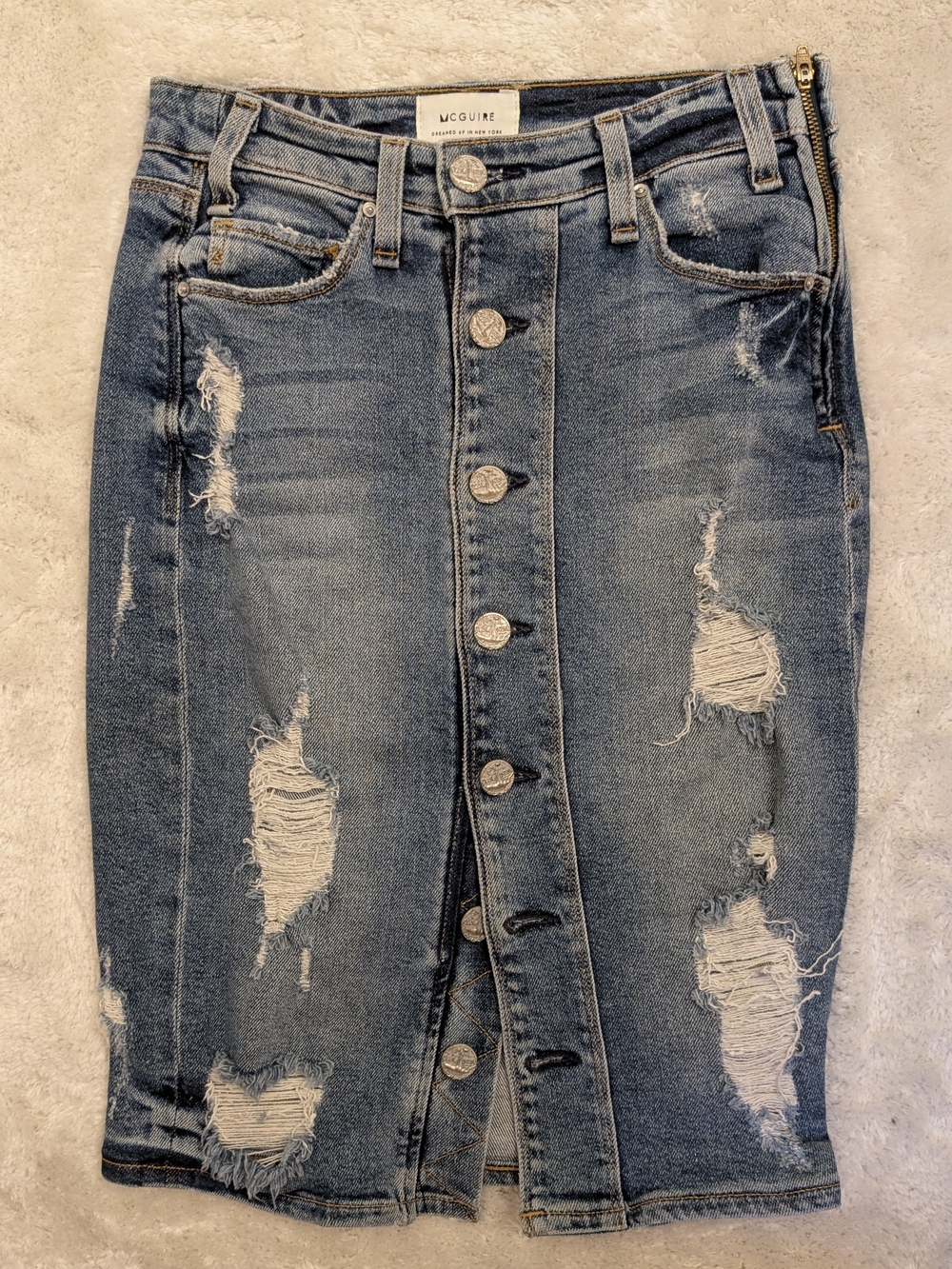McGuire Denim Distressed Button-Front Pencil Skirt - Blue